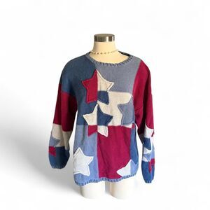 Vintage 90s NorthStyle Patchwork Star Knit Sweater Size XL‎ Red Blue Colorblock